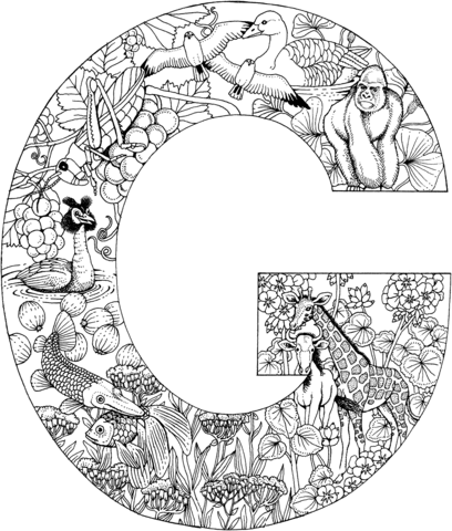 Letter G With Animals Coloring Page